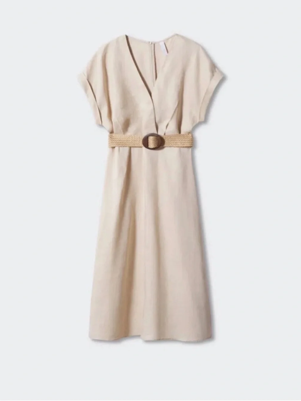 MNG Beige Linen Dress with Woven Belt